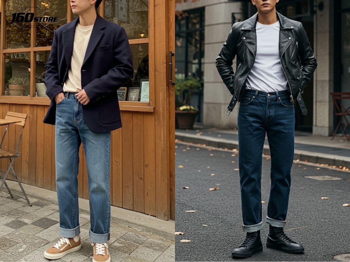 Quần jeans ống rộng phối với giày cổ cao