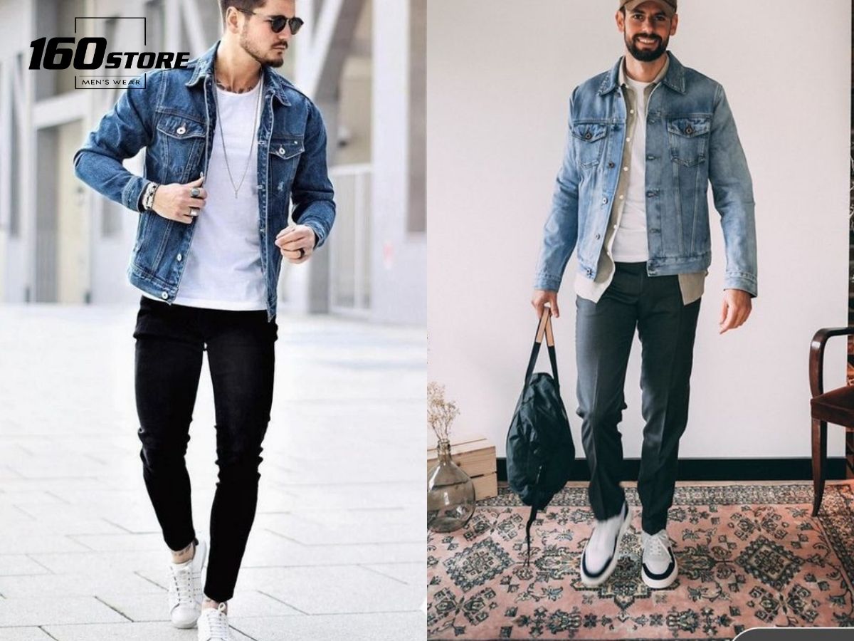 Áo thun phối với áo khoác denim và quần jeans