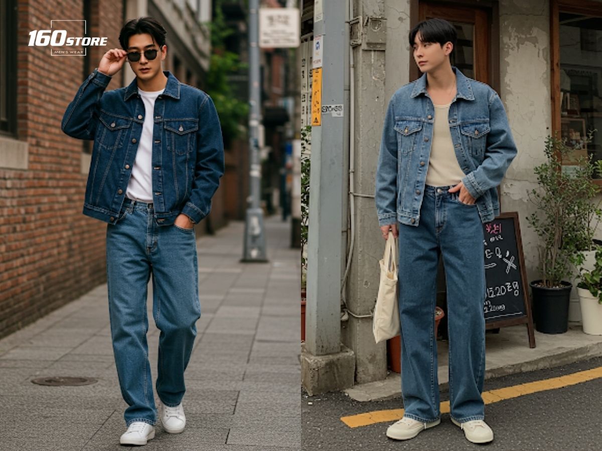 Denim on denim với quần jeans ống rộng và áo khoác denim