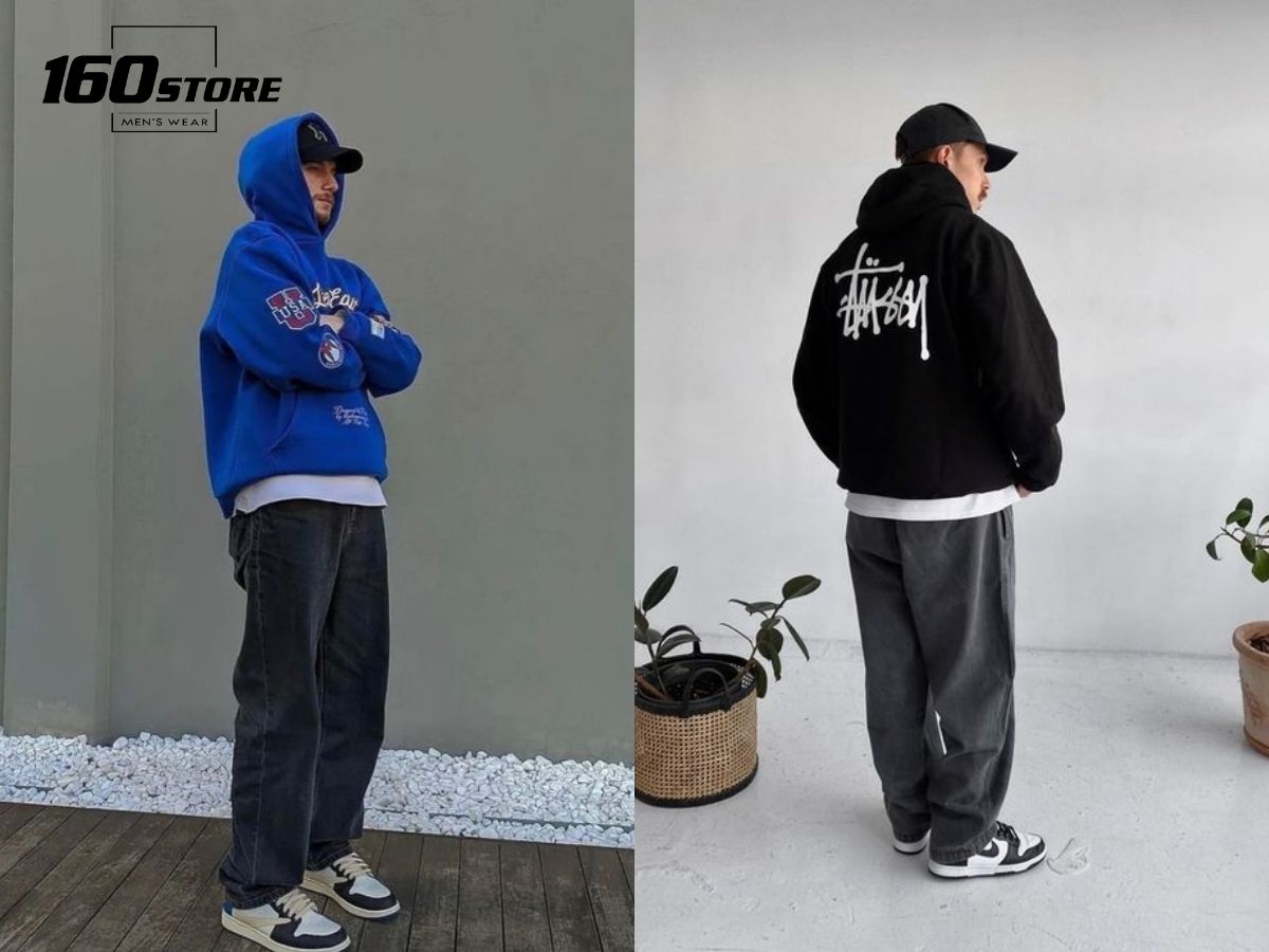 Kết hợp quần jean ống đứng và áo hoodie rộng rãi để giữ ấm