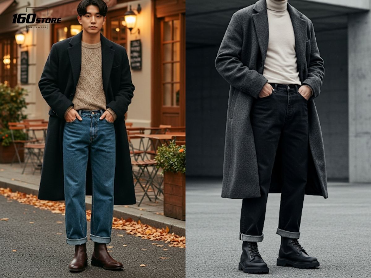 Quần jeans ống rộng phối với giày boot