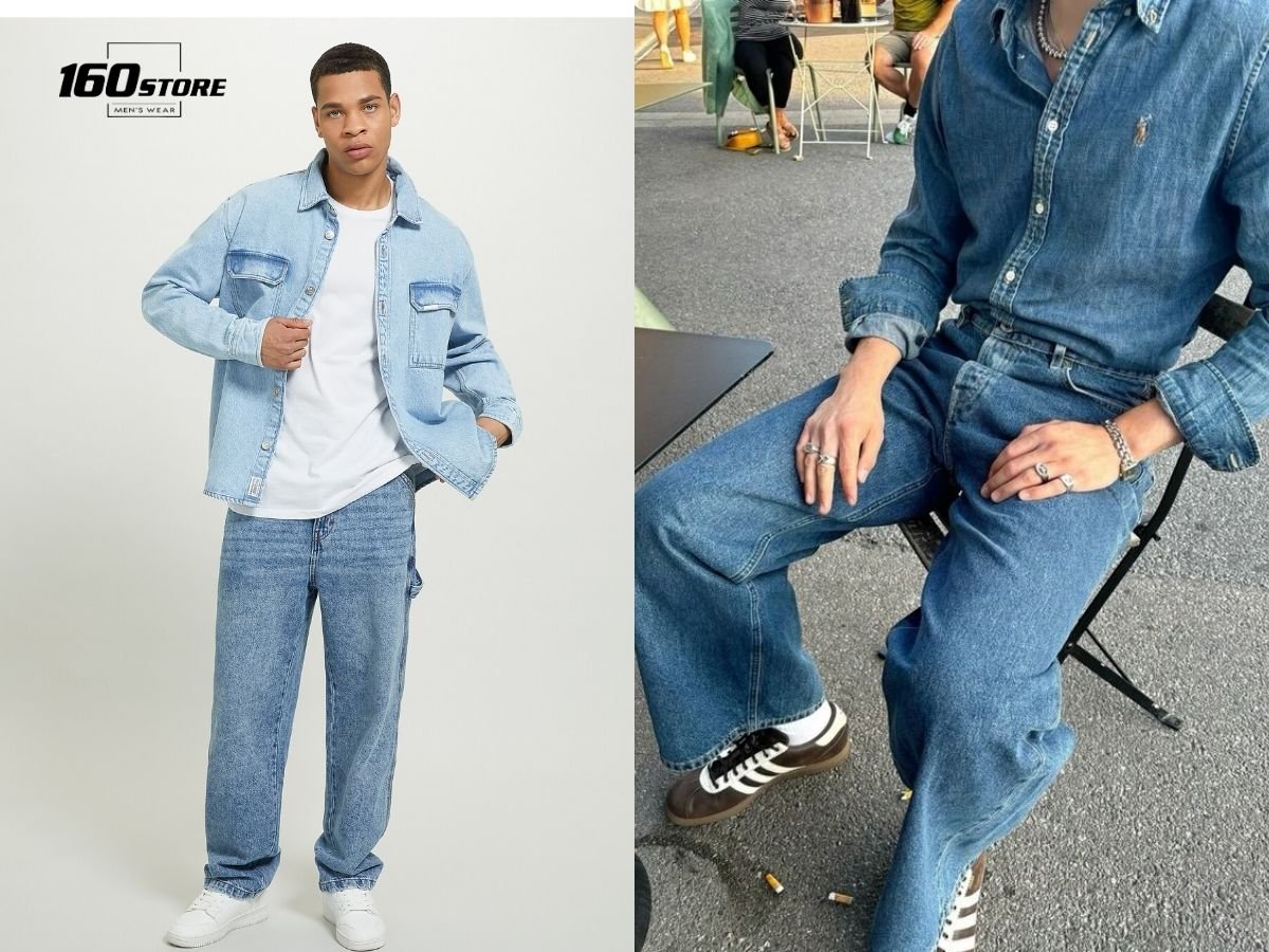 Nam mập mặc quần jeans ống rộng và áo sơ mi denim