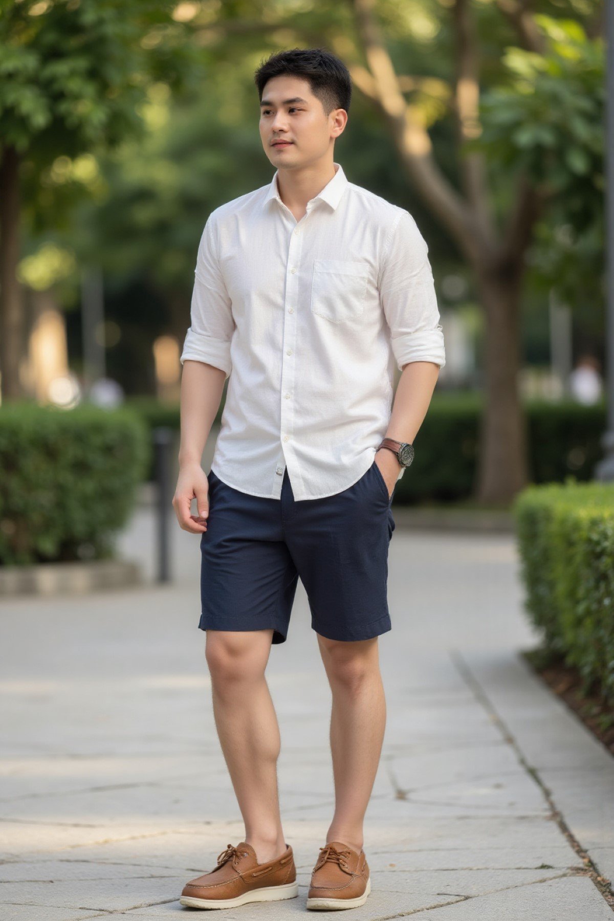 Quần short lửng nam, áo sơ mi linen và giày boat