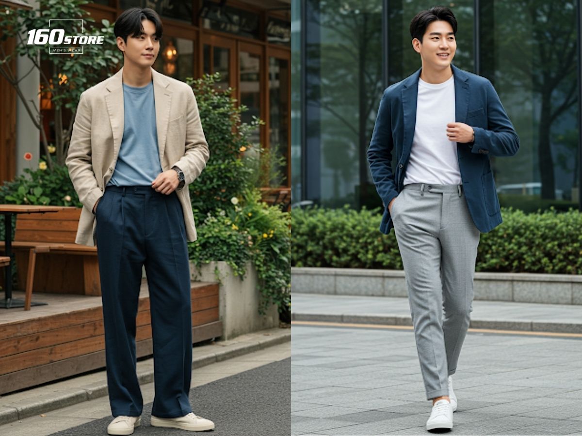 Outfit thanh lịch với quần ống suông và áo blazer