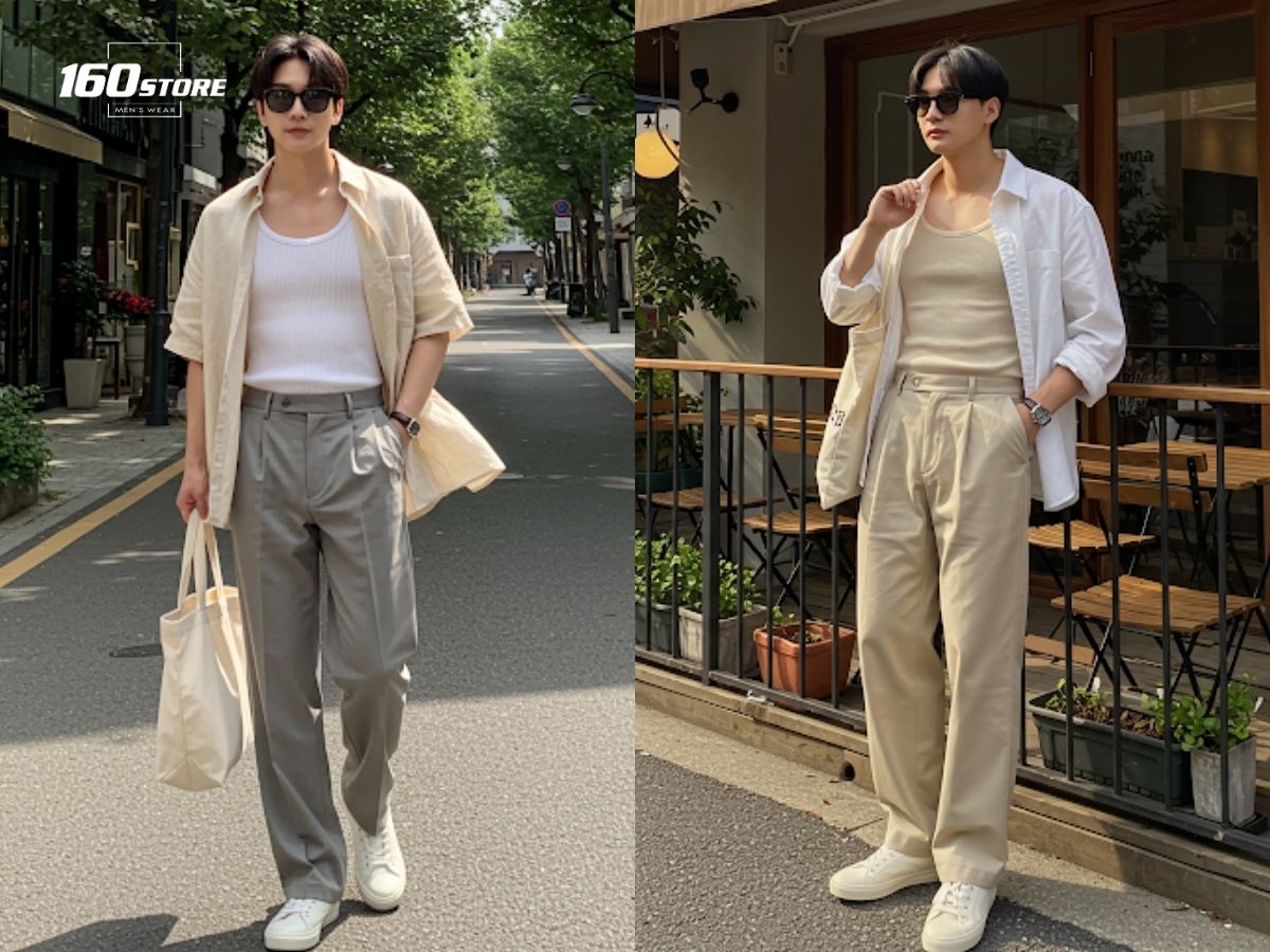 Kết hợp quần áo rộng, áo tank top và sơ mi khoác ngoài