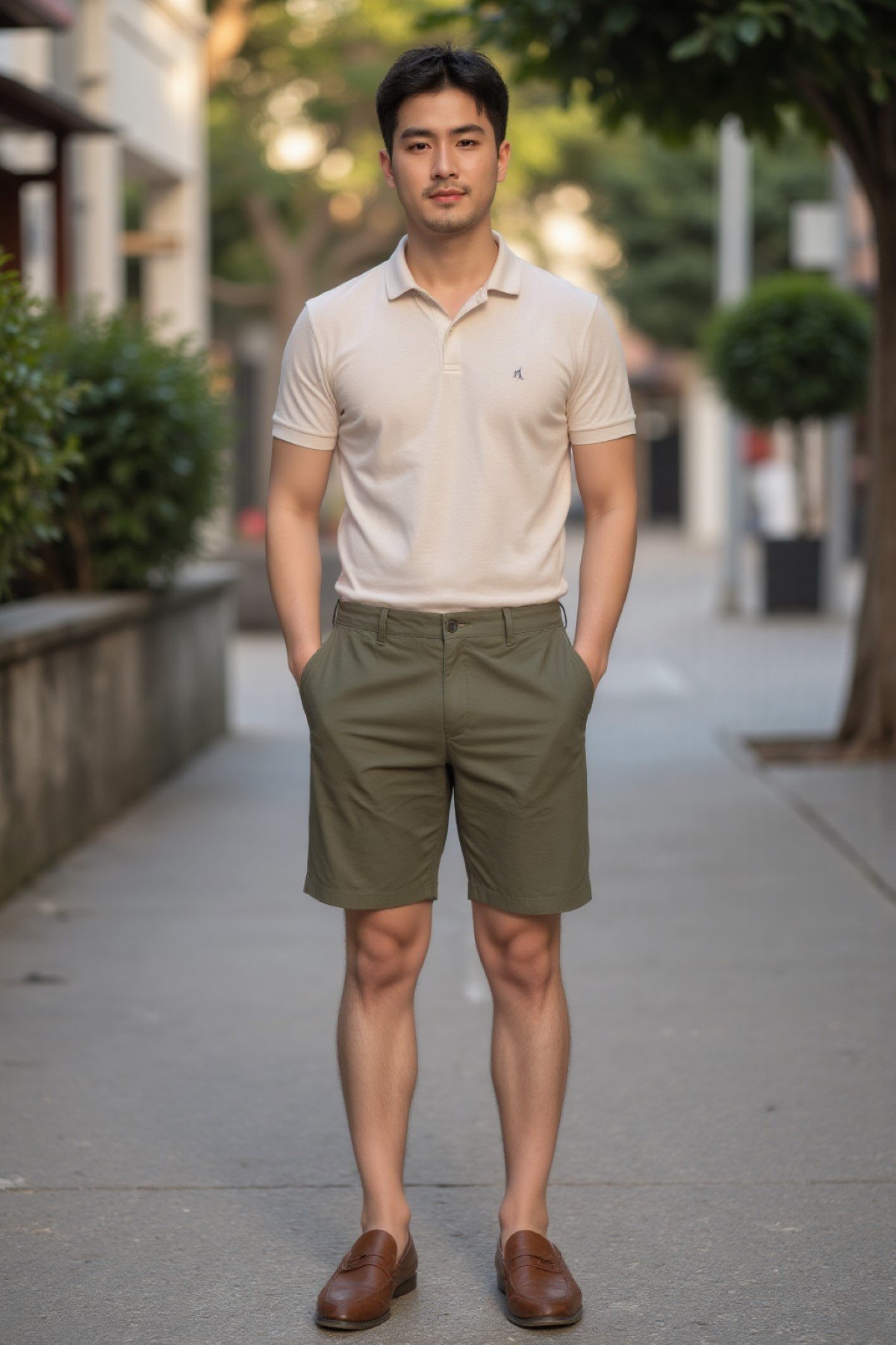 Quần short kaki áo polo và giàu loafer