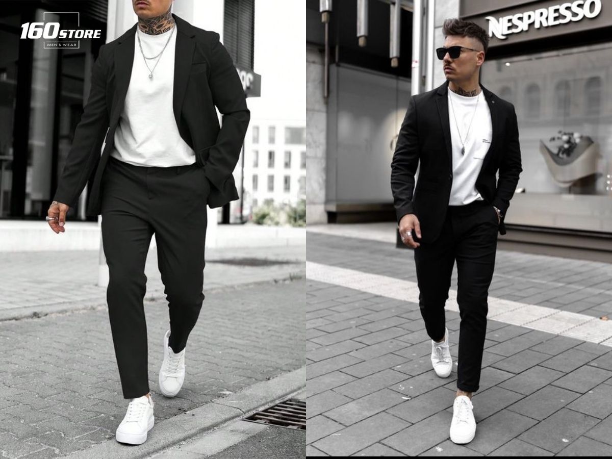 Phối đồ trắng đen nam với áo trắng, áo blazer đen và quần chinos đen