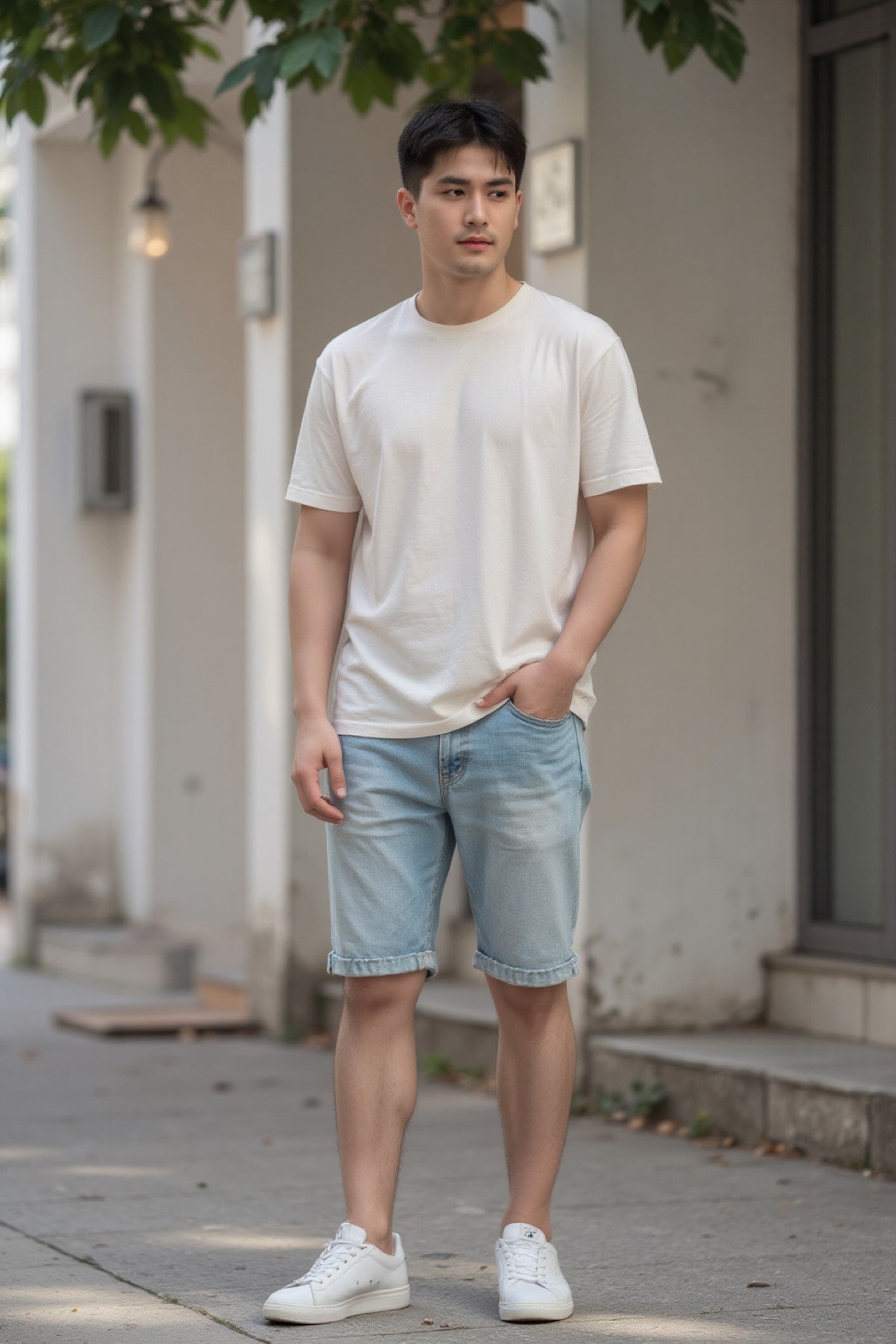 Quần short jeans nam áo thun trơn và sneaker trắng