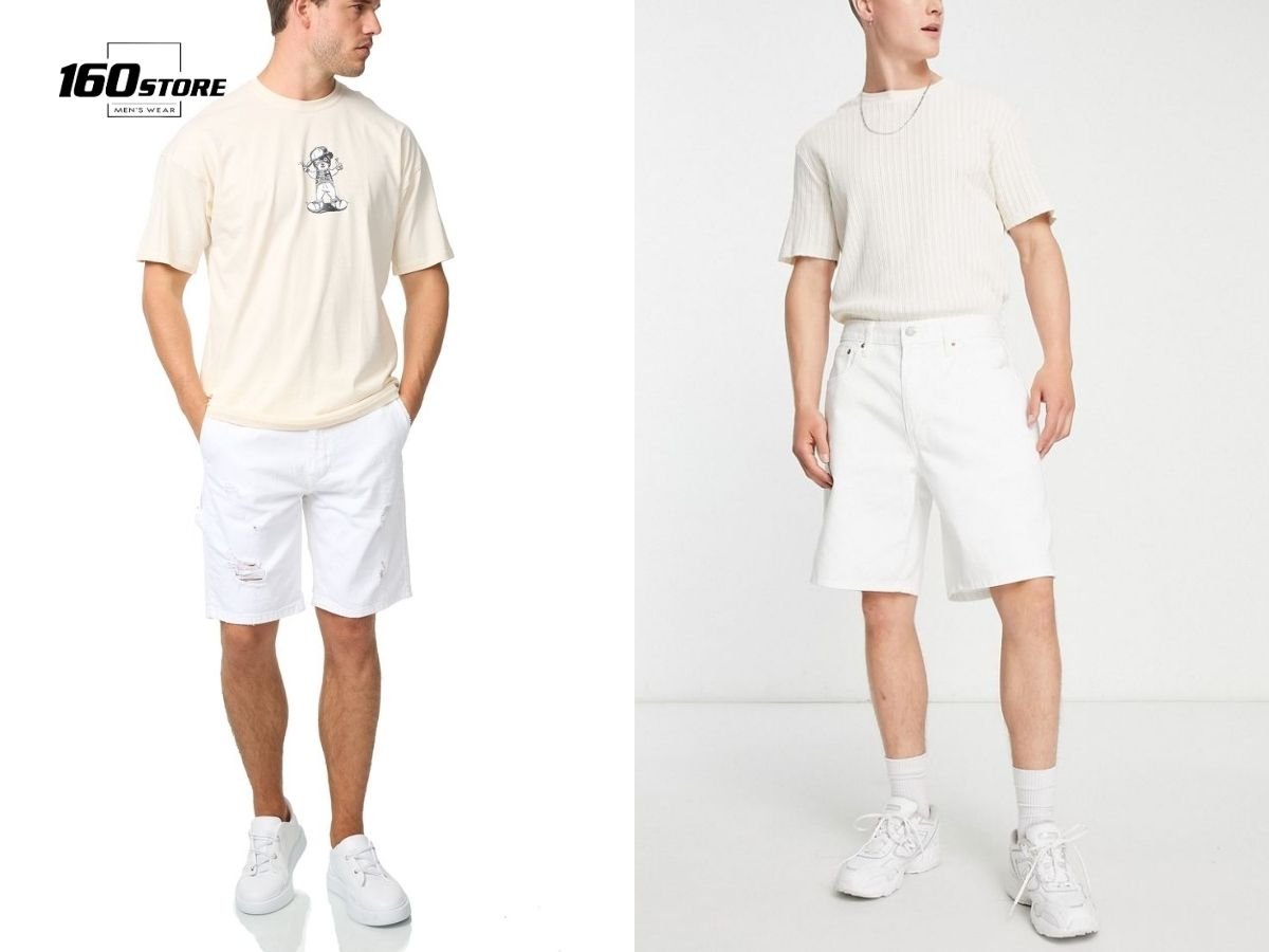 Quần short jeans trắng với áo thun oversize