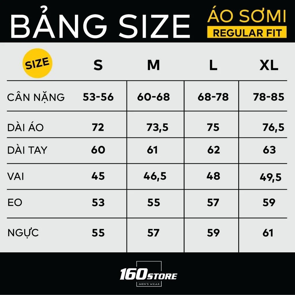 Bảng size áo sơ mi nam form regualar