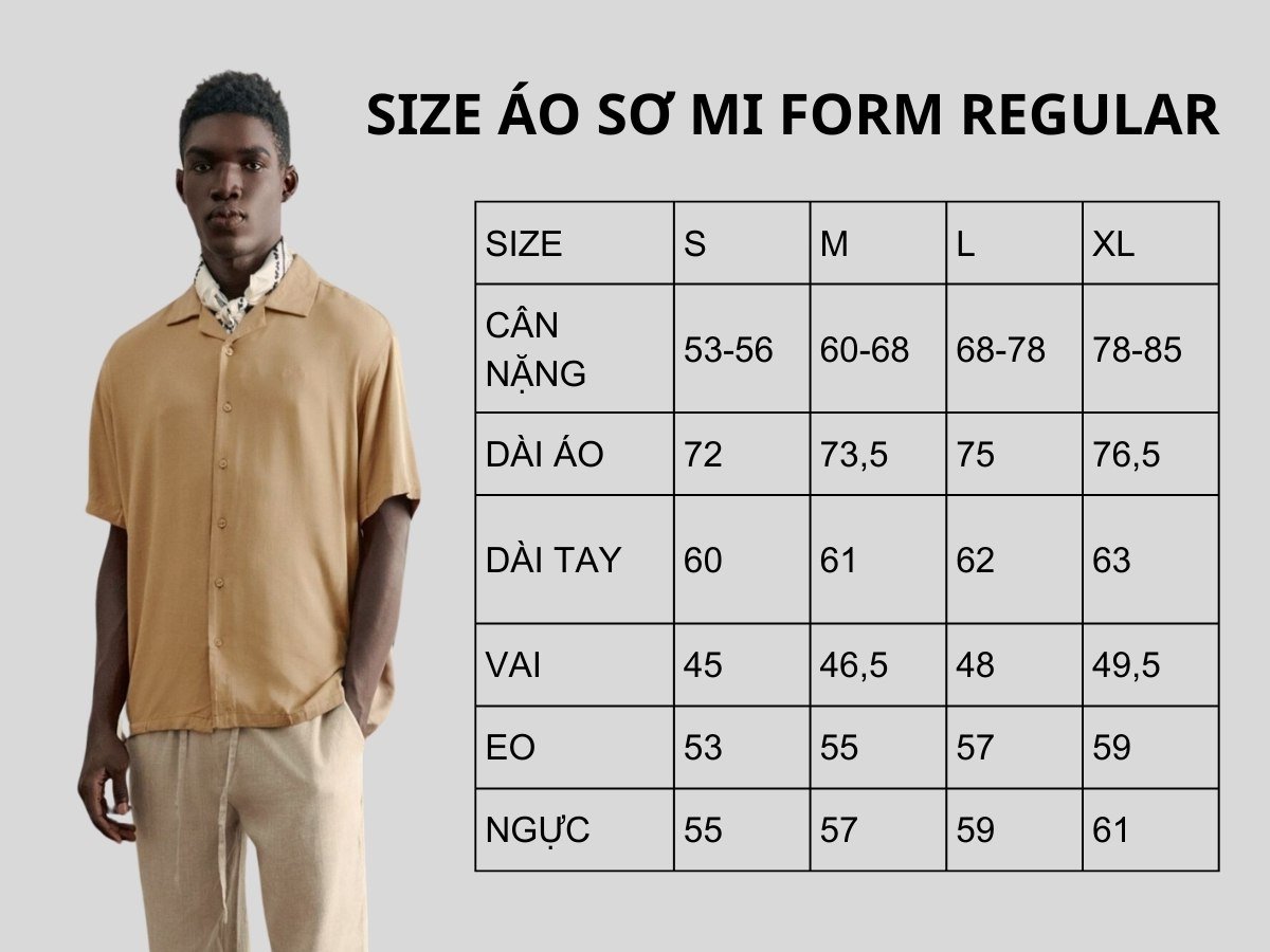 Bảng size áo sơ mi form regular fit