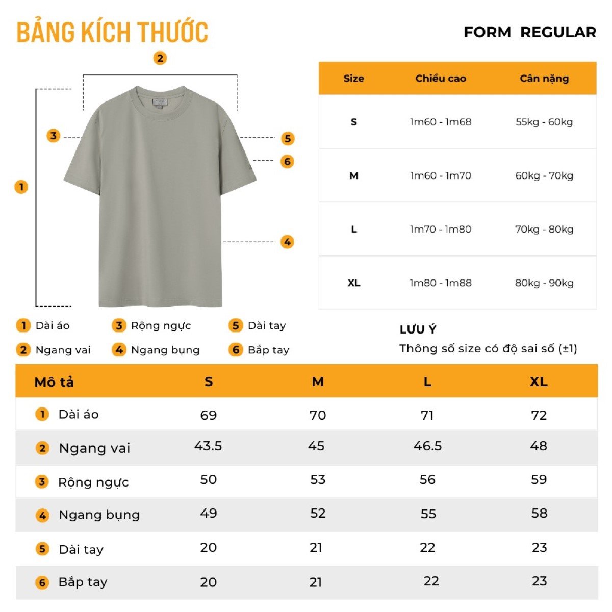 Size áo thun nam form regular