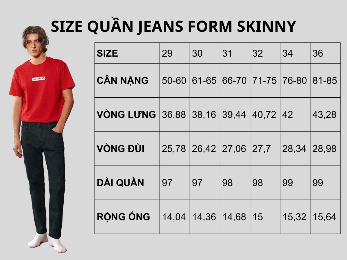 Bảng size quần jeans form skinny