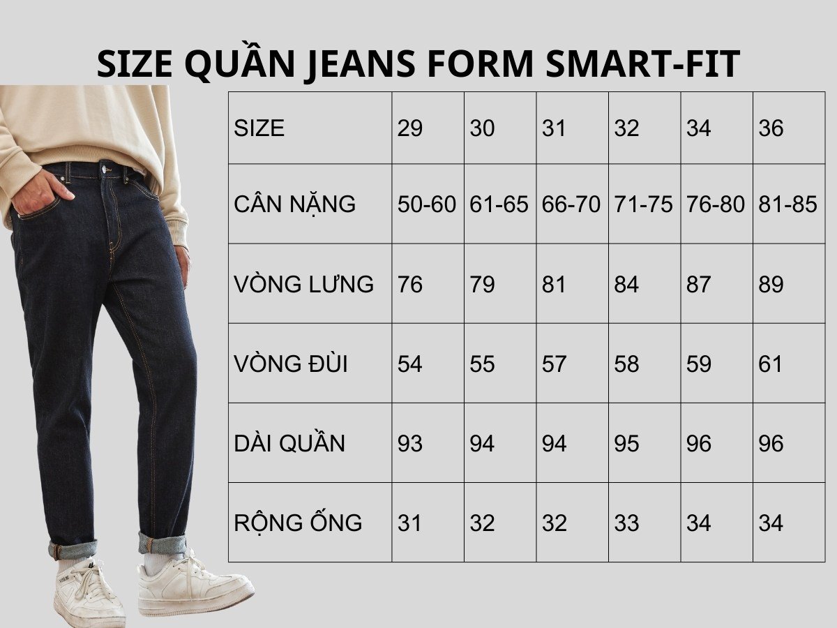 Bảng size quần jeans form Smart-fit