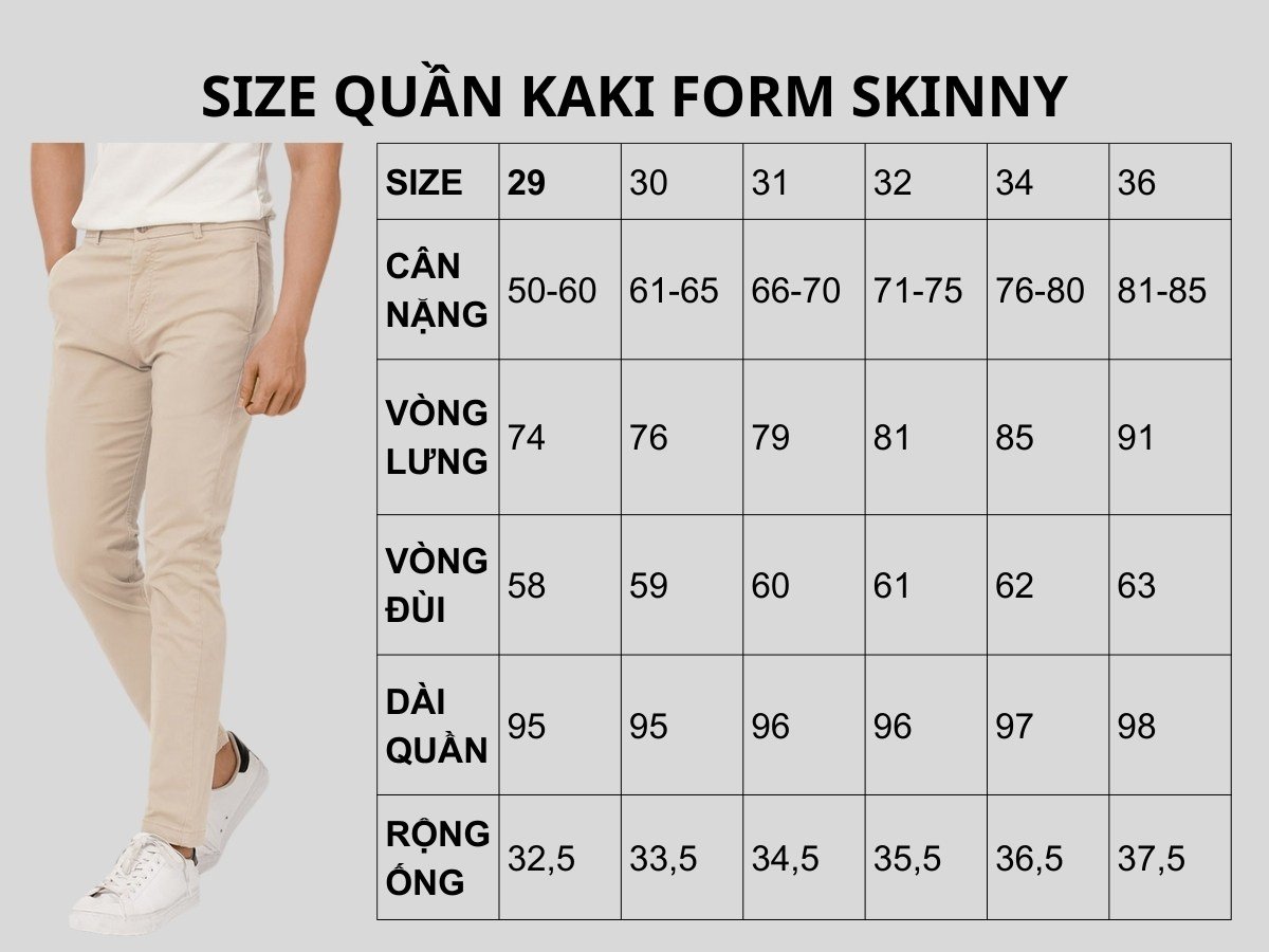 Bảng size quần kaki form skinny