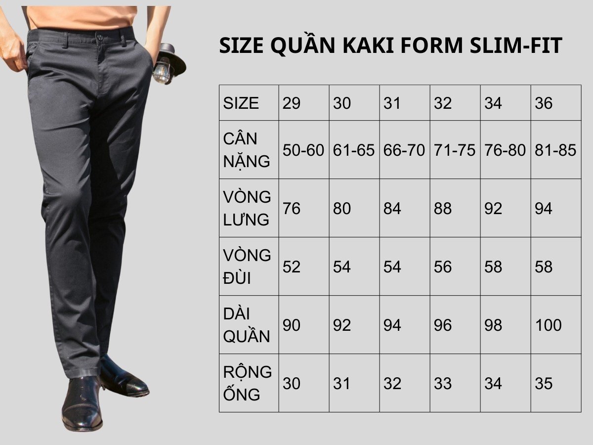 Bảng size quần kaki form slimfit