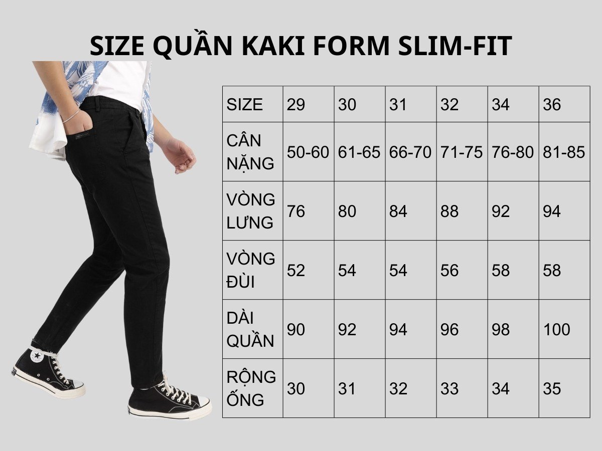 Bảng size quần kaki form slimfit