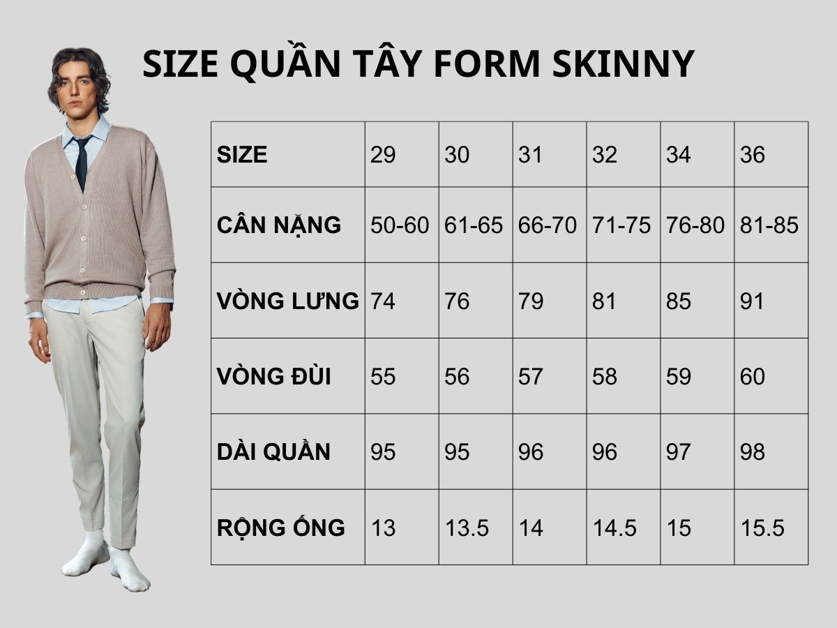 Bảng size quần tây form skinny