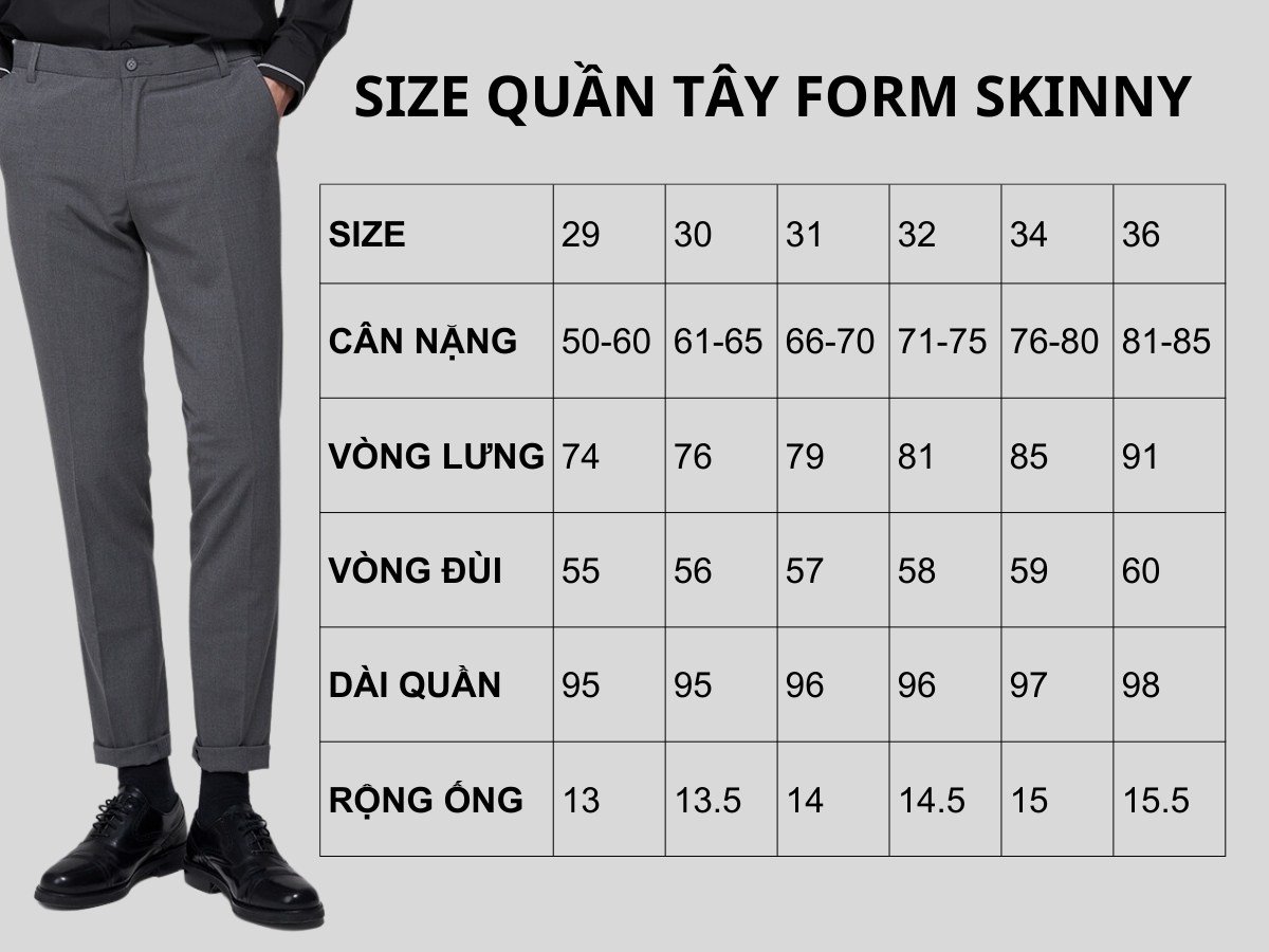 Bảng size quần tây form skinny