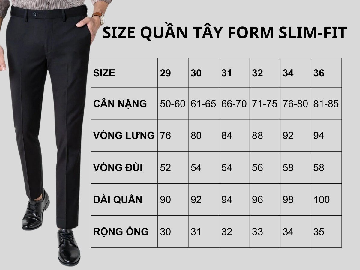 Bảng size quần tây dáng slimfit