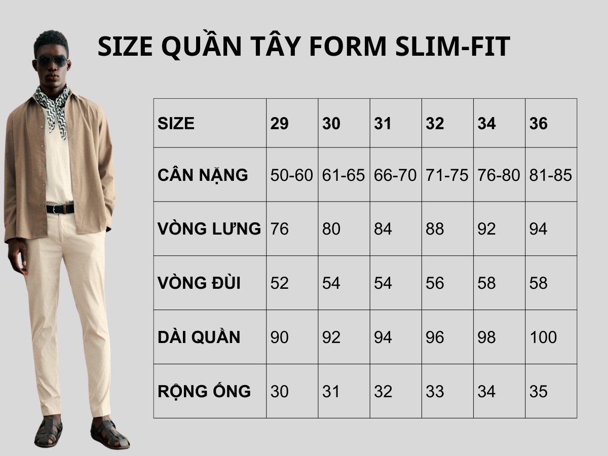 Bảng size quần tây dáng slimfit