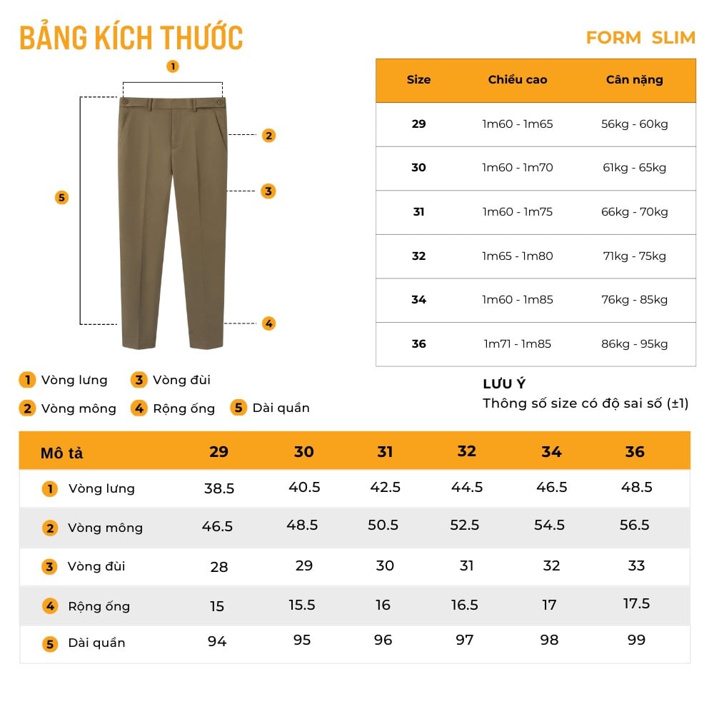 Bảng size quần tây nam form Slim