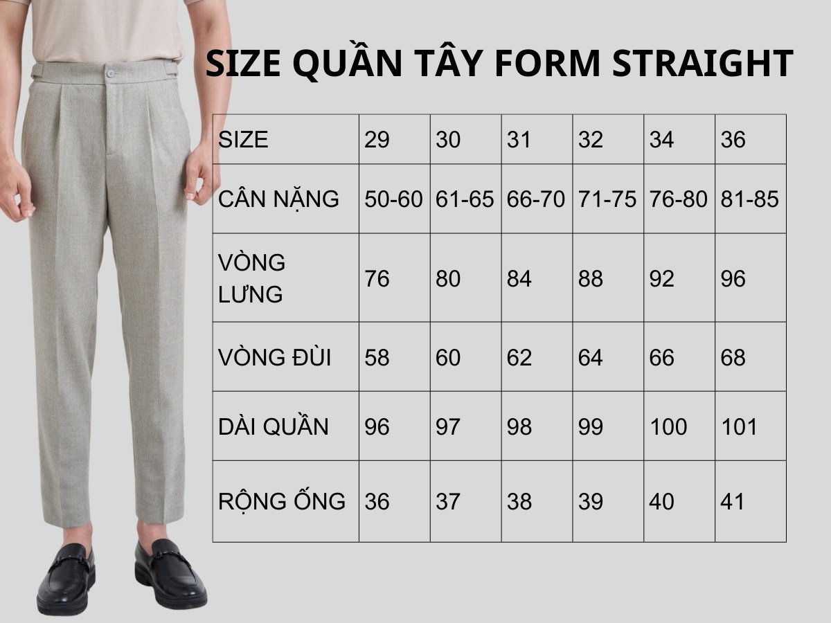 Bảng size quần tây form straight