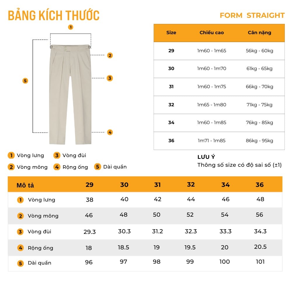 Bảng size quần tây nam form straight