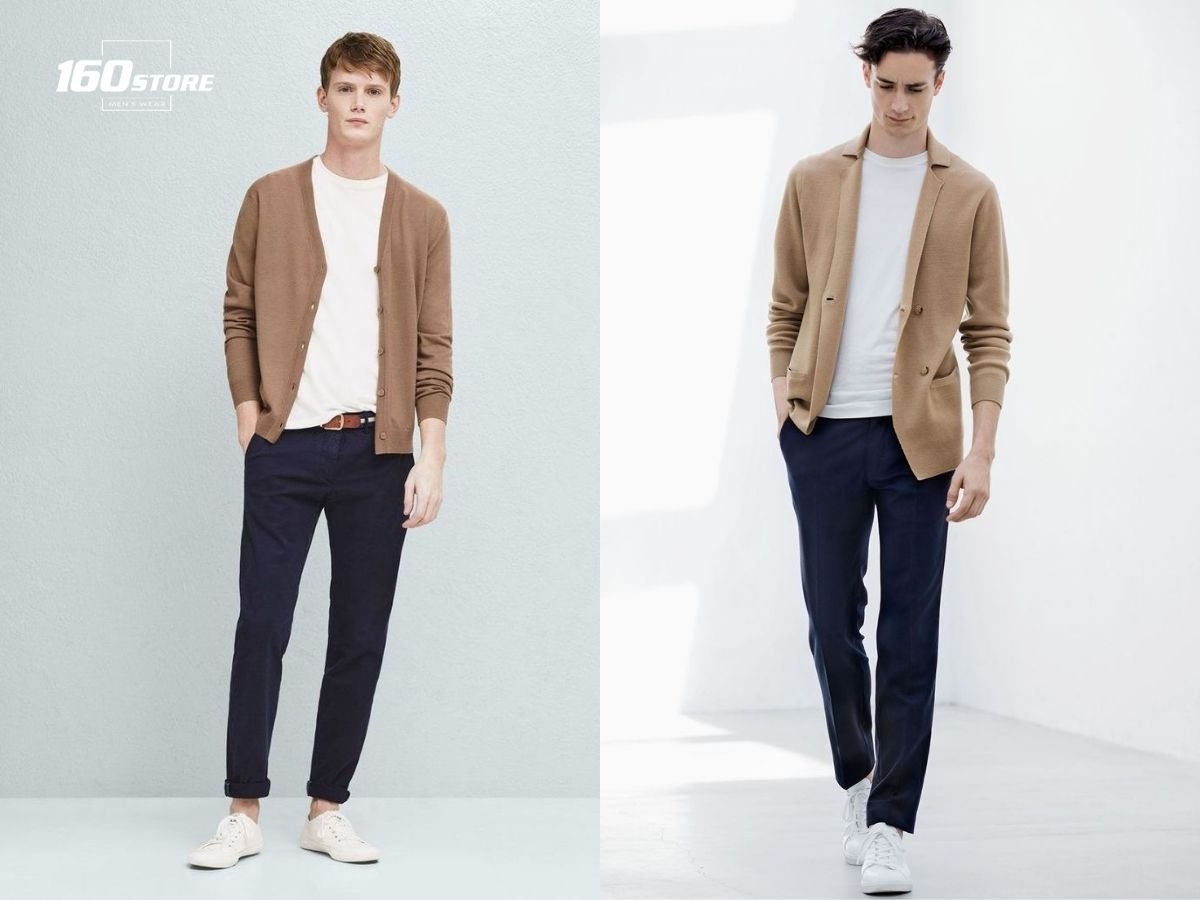 Phối áo cardigan với áo thun và quần âu thanh lịch