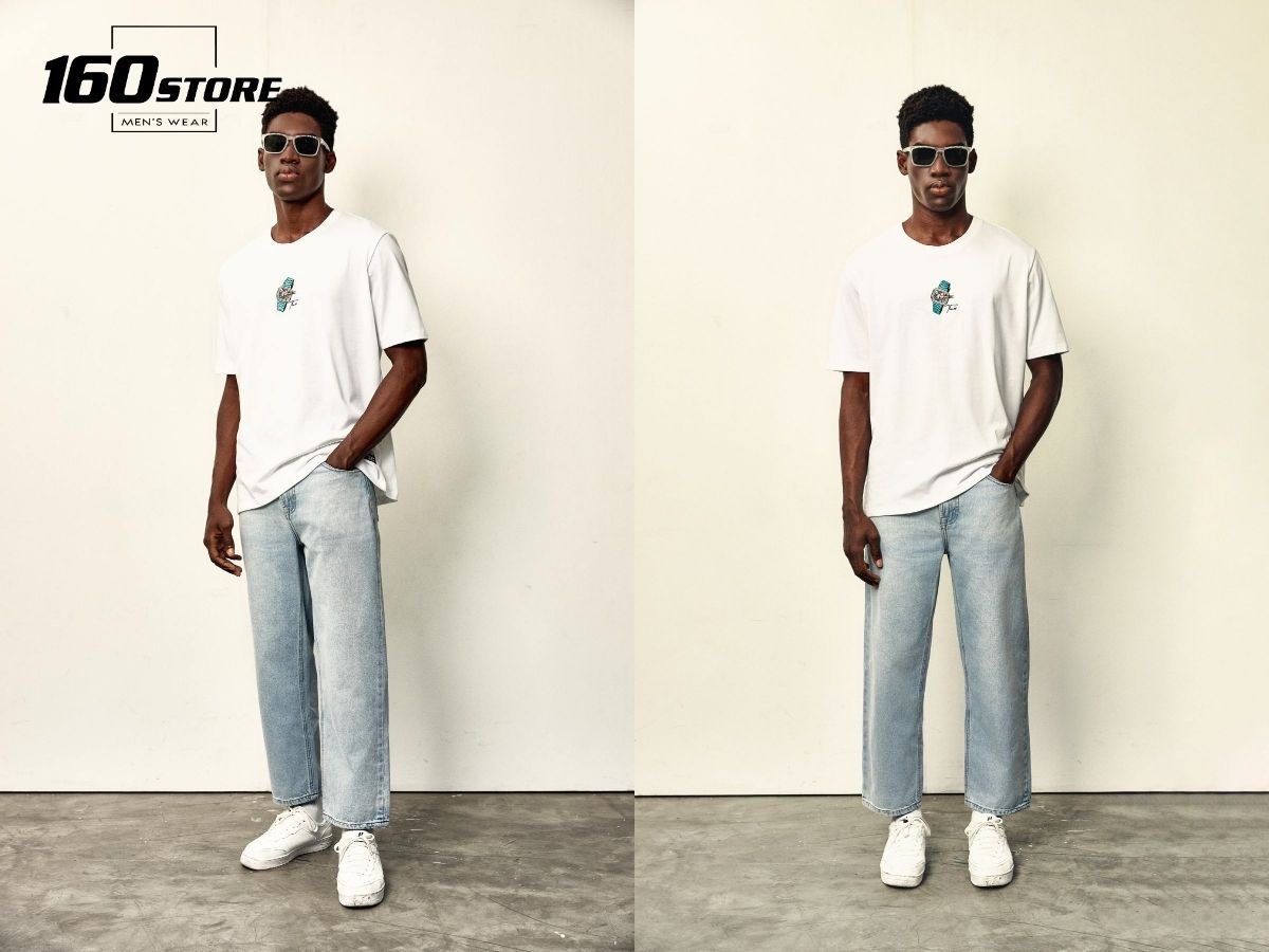 Áo thun oversize phối với quần baggy denim