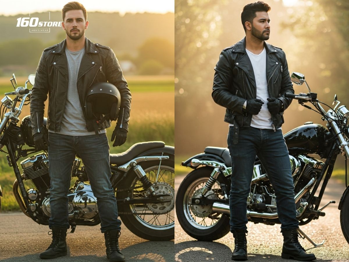 Phối áo khoác biker với và quần jeans cho trang phục đi phượt