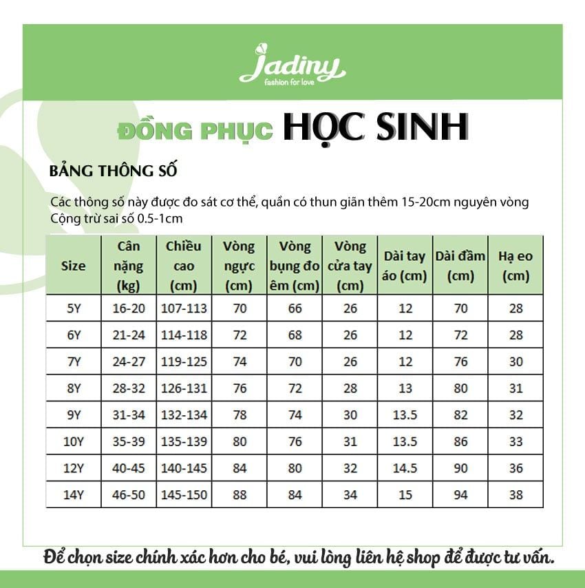 Bảng size váy học sinh