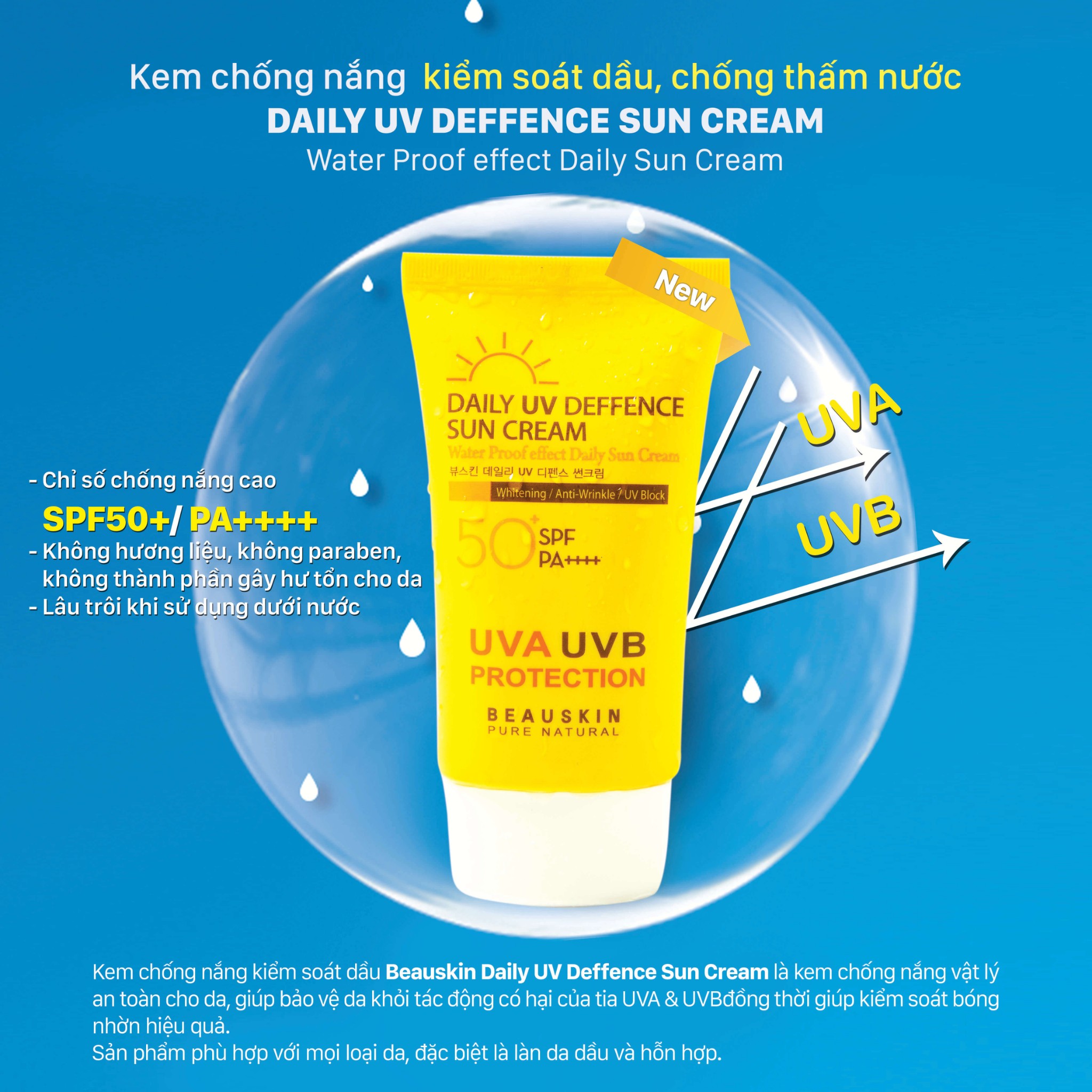 Kem chống nắng kiểm soát dầu Beauskin Daily UV Deffence Sun Cream 50+ SPF/PA++++ (Hàn Quốc)
