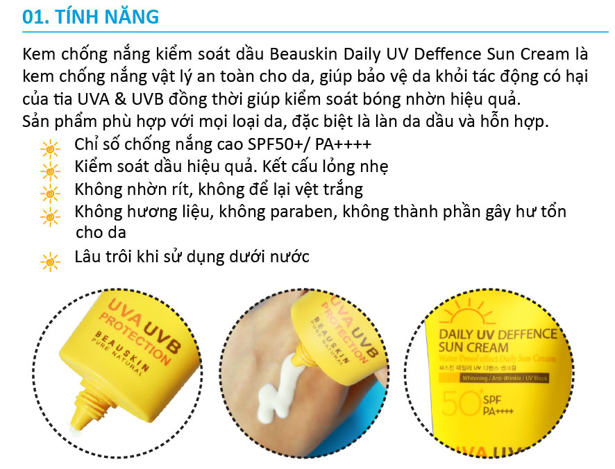 Kem chống nắng kiểm soát dầu Beauskin Daily UV Deffence Sun Cream 50+ SPF/PA++++ (Hàn Quốc)