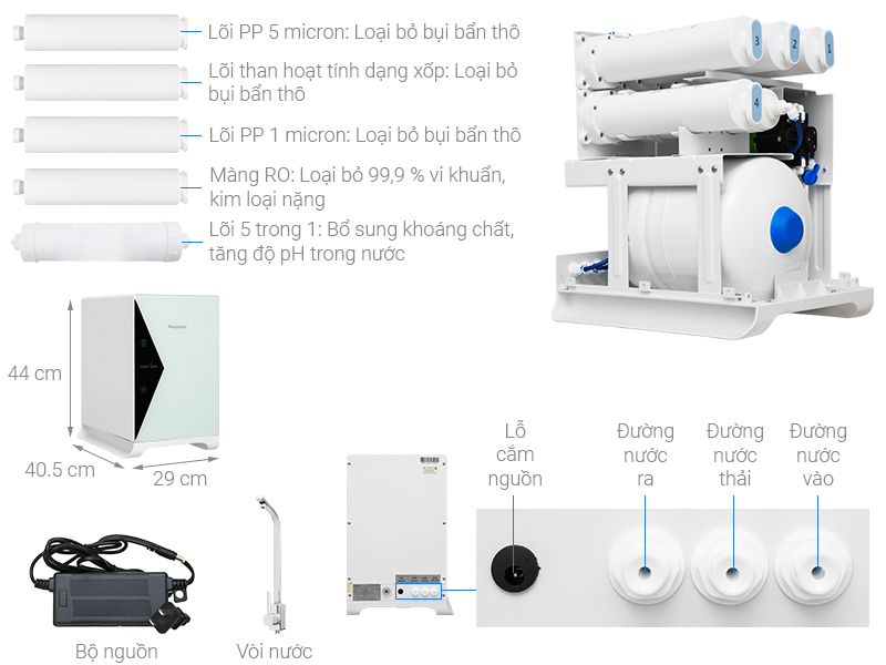 Máy lọc nước Hydrogen Kangaroo RO 5 lõi UNDERSINK thân vỏ trắng KG100HU