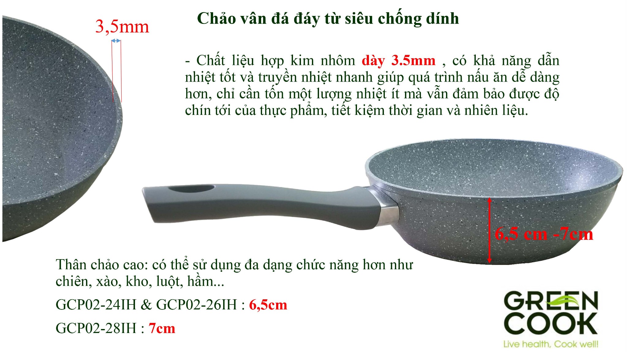Chảo sâu vân đá đáy từ siêu chống dính Greencook GCP02-28IH 28cm