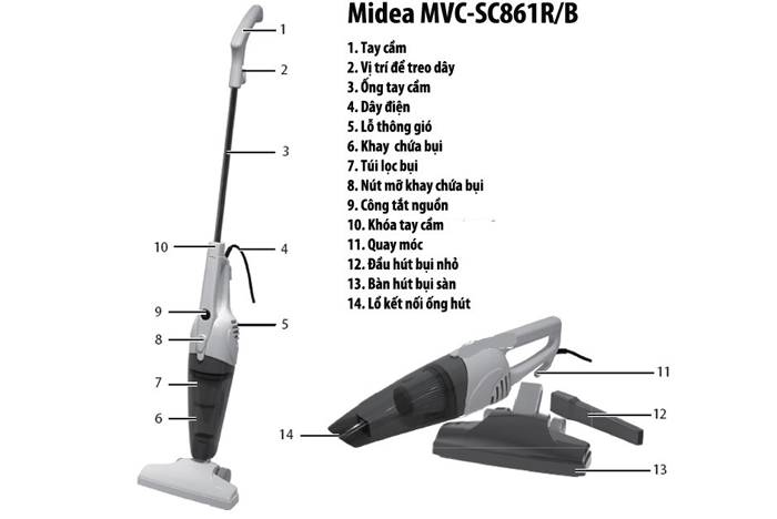 Máy hút bụi dạng cây & cầm tay Midea MVC-SC861R 600W