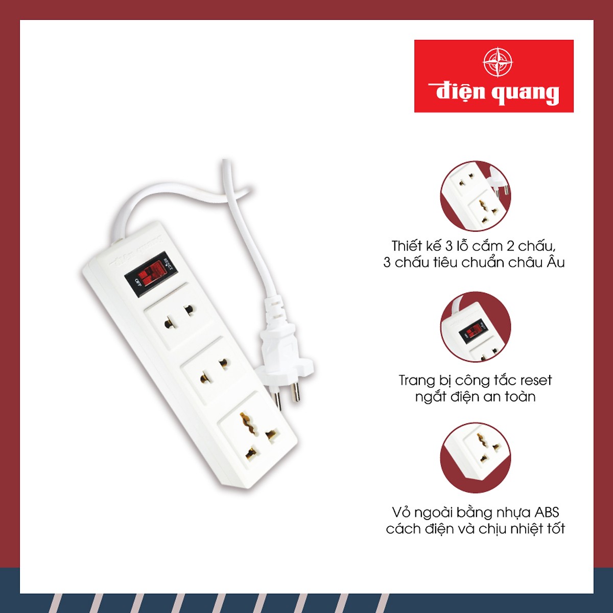 Ổ cắm Điện Quang ĐQ 002A-02 (3 lỗ dây 5 mét)