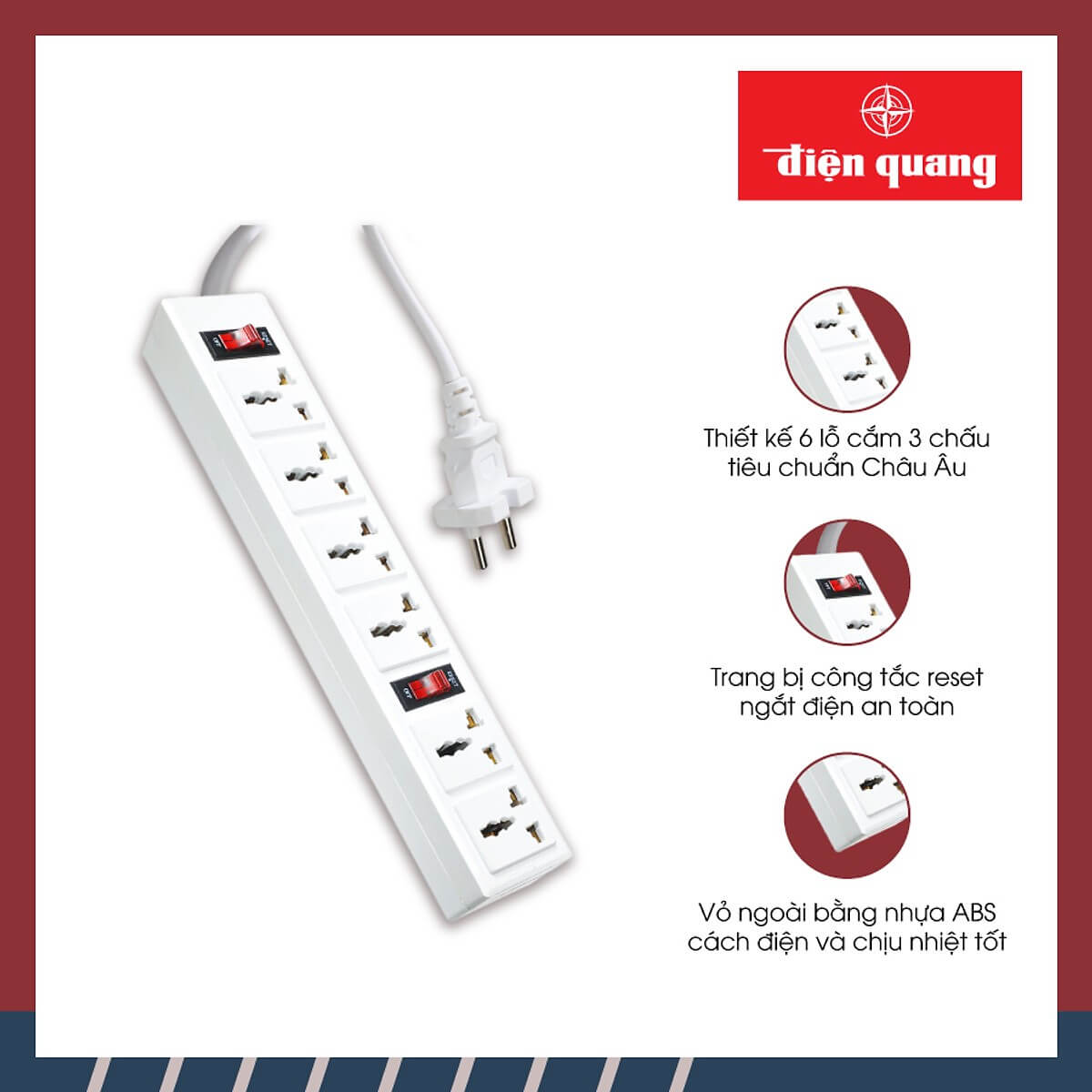 Ổ cắm Điện Quang ĐQ 003A-04 (6 lỗ 3 chấu dây 5 mét)