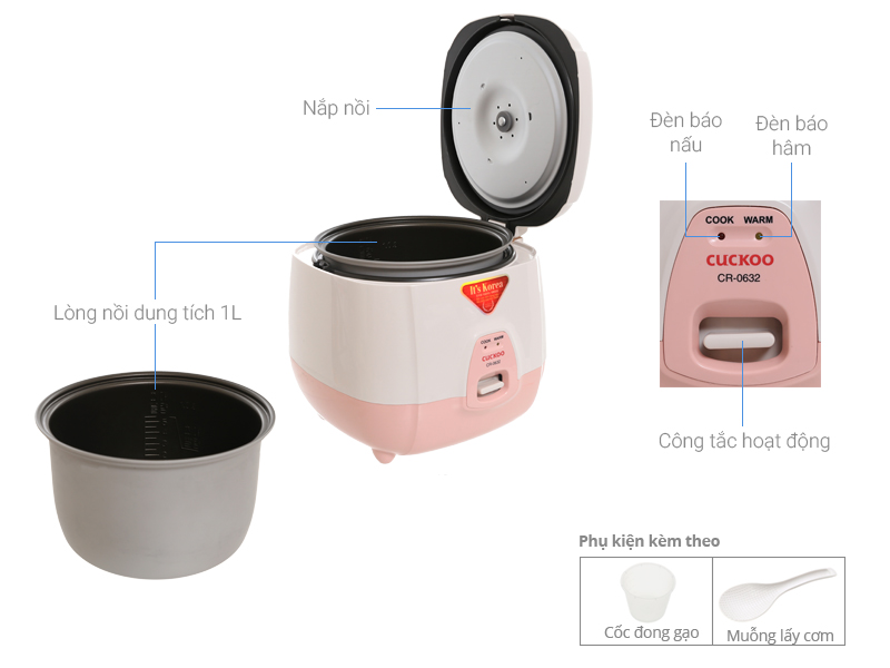 Nồi cơm điện nắp gài Cuckoo CR-0632 1L Hàn Quốc (Trắng Hồng)