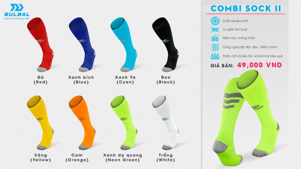 Tất vớ bóng đá ngắn thể thao Bulbal Elite Sock màu trắng, xanh ya, vàng, xanh lá, đỏ, cam, đen, xanh dương