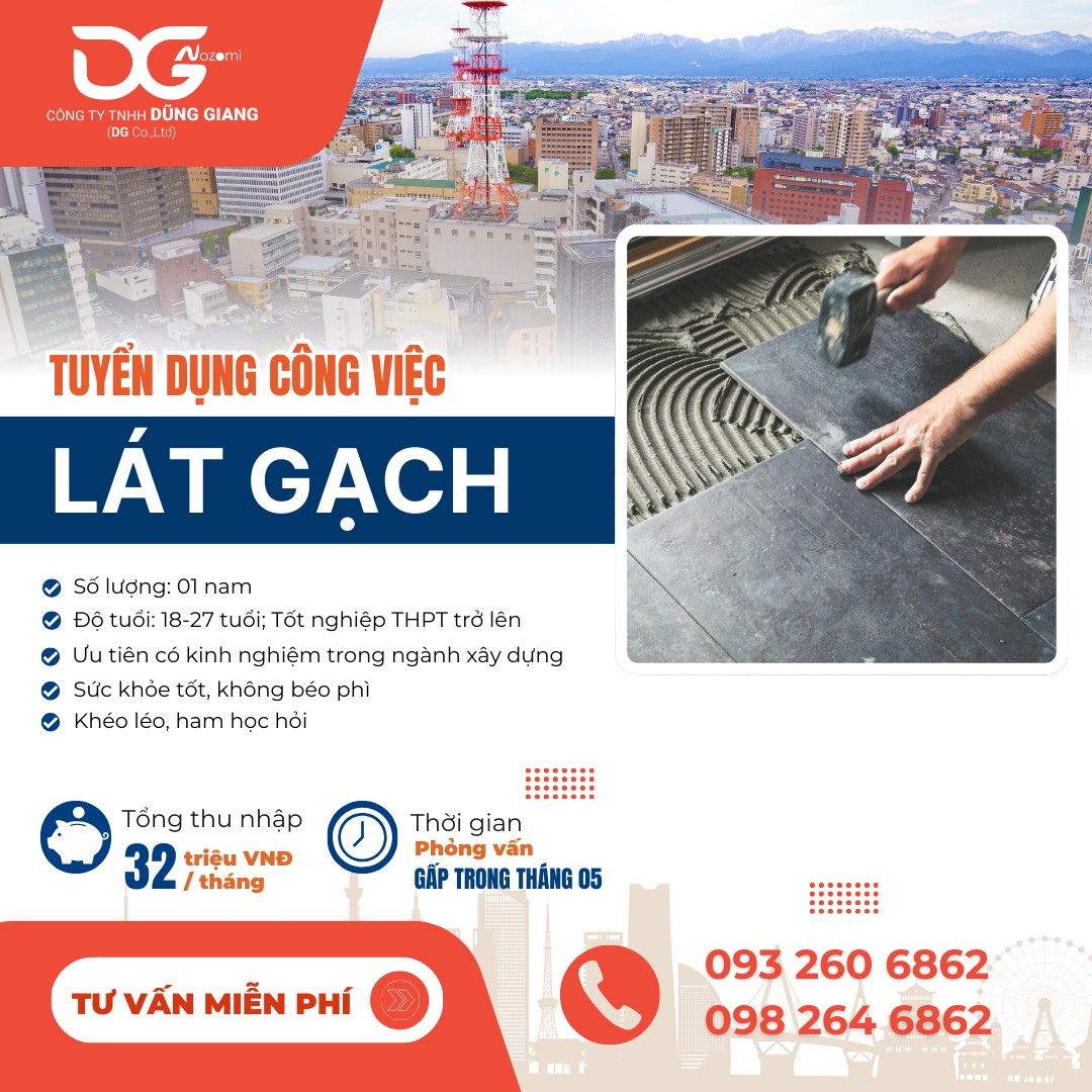 TUYỂN DỤNG CÔNG VIỆC LÁT GẠCH LÀM VIỆC TẠI TỈNH TOYAMA