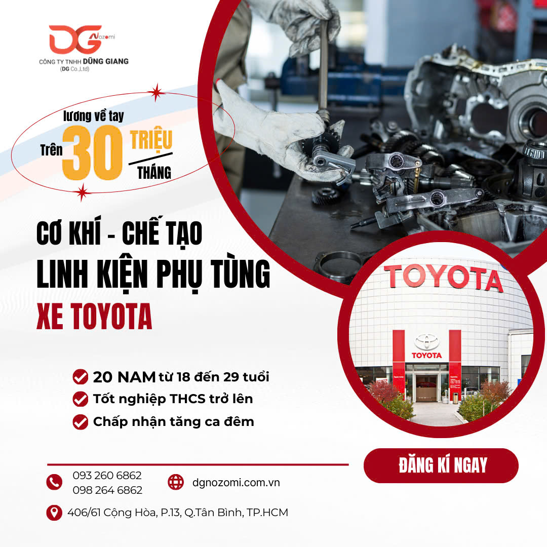 TUYỂN 20 NAM CƠ KHÍ - CHẾ TẠO LINH KIỆN PHỤ TÙkeo nha cai 5 XE TOYOTA LÀM VIỆC TẠI NHẬT BẢN