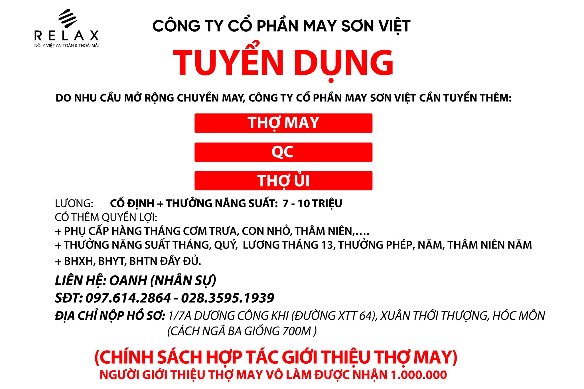 Công Ty CP May Sơn Việt - Thương hiệu Nội y Relax tuyển dụng nhân sự tháng 6