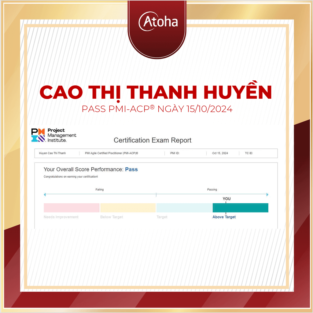 Cao Thị Thanh Huyền, PMI-ACPONLINEPRO27, pass PMI-ACP ngày 15/10/2024 ...