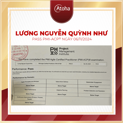 Lương Nguyễn Quỳnh Như, PMI-ACPONLINEPRO31, pass PMI-ACP®  ngày 06/11/2024