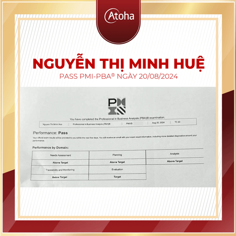 Nguyễn Thị Minh Huệ, PMI-PBAONLINEPRO8, pass PMI-PBA® ngày 20/08/2024