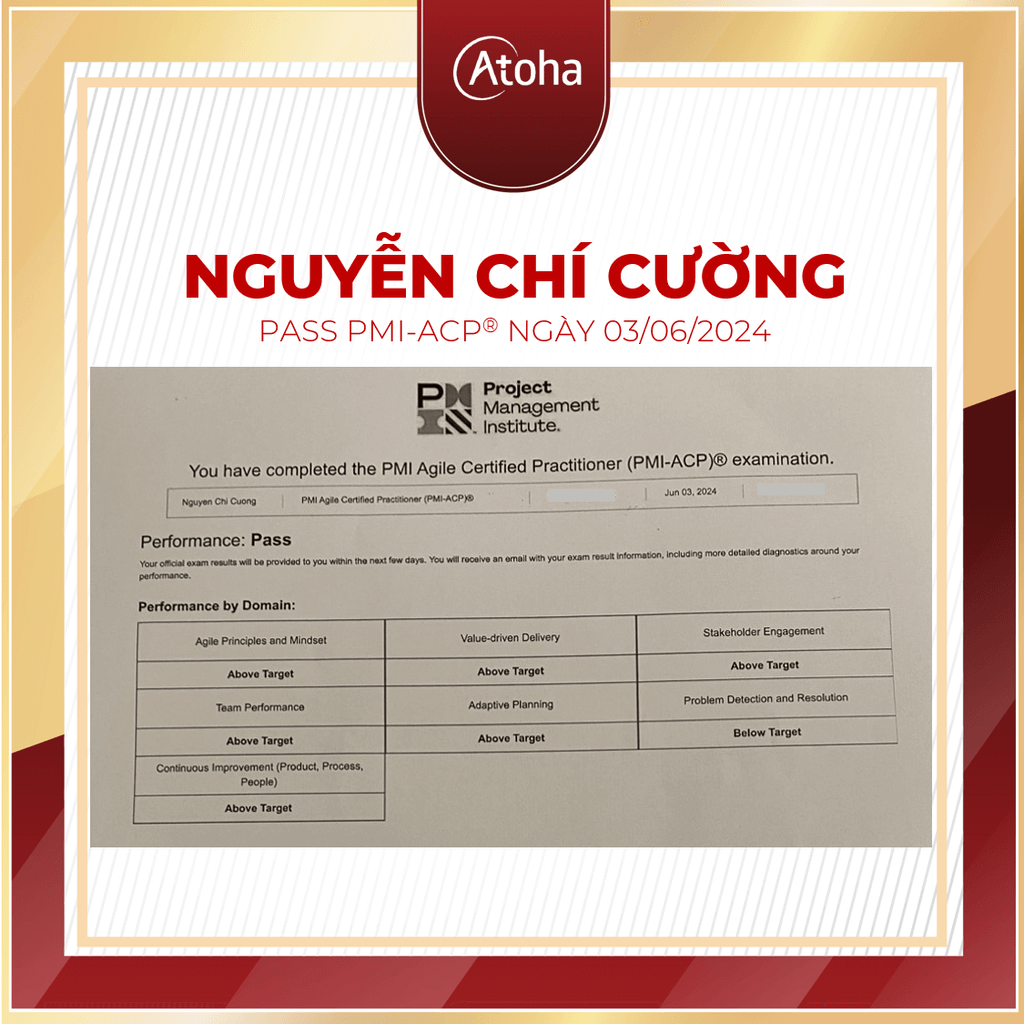 Nguyễn Chí Cường, PMI-ACPONLINEPRO25, pass PMI-ACP ngày 03/06/2024 – Atoha
