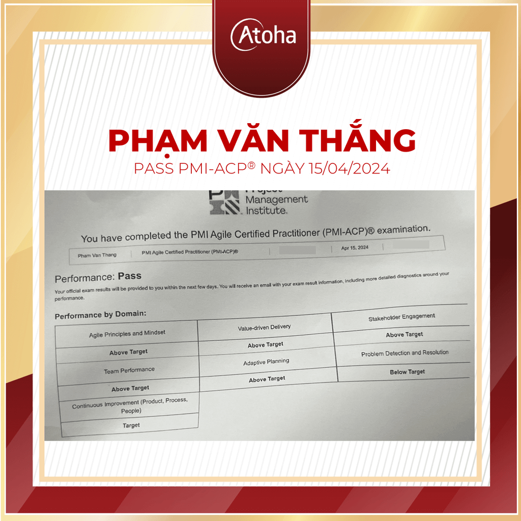 Phạm Văn Thắng, PMI-ACPONLINEPRO24, pass PMI-ACP® ngày 15/04/2024 – Atoha