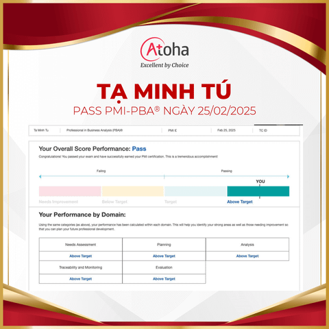 Tạ Minh Tú, PMI-PBAONLINEPRO16, pass PMI-PBA® ngày 25/02/2025